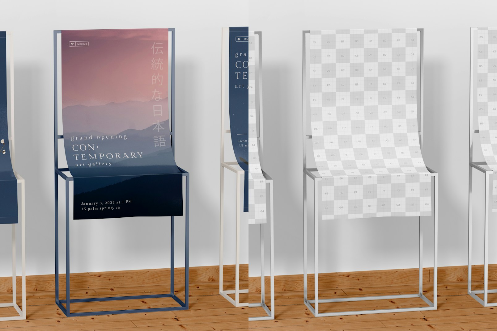 Small Exhibition Poster Stands Mockup, Front View