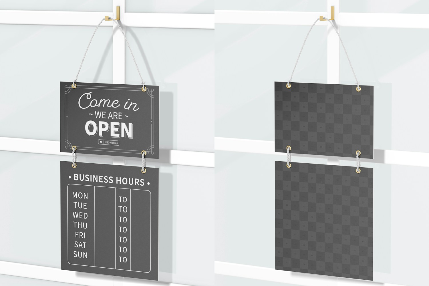 Business Hours Hanging Sign Mockup, Right View
