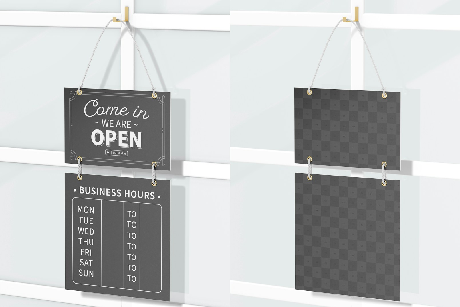 Business Hours Hanging Sign Mockup, Right View
