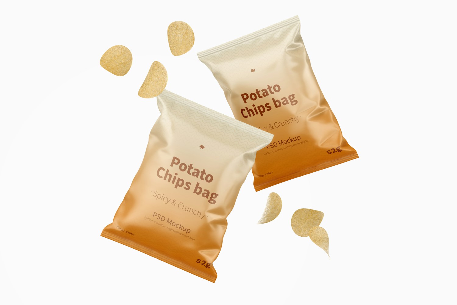 Potato Chips Bags Mockup, Floating Potato Chips Bags Mockup, Floating