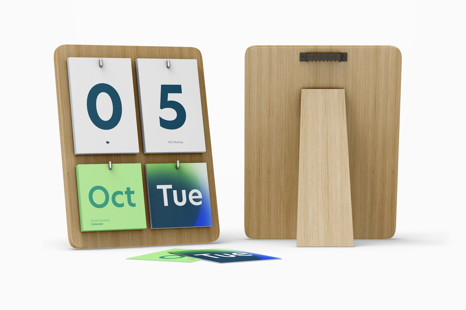 Wood Desktop Calendars Mockup, Front and Back View