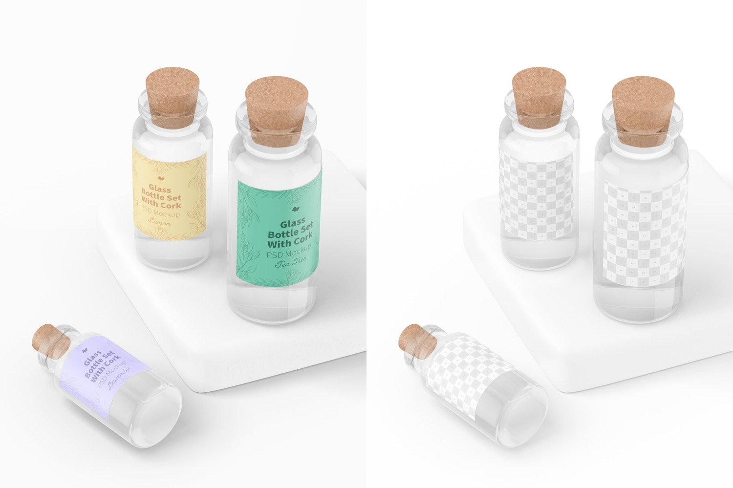 Glass Bottle Set with Cork Mockup, Standing and Dropped Glass Bottle Set with Cork Mockup, Standing and Dropped