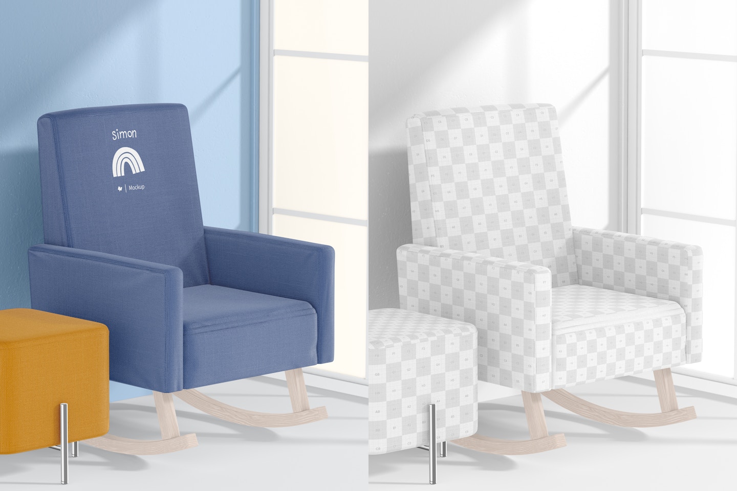 Square Rocking Chair Mockup, with Pouf