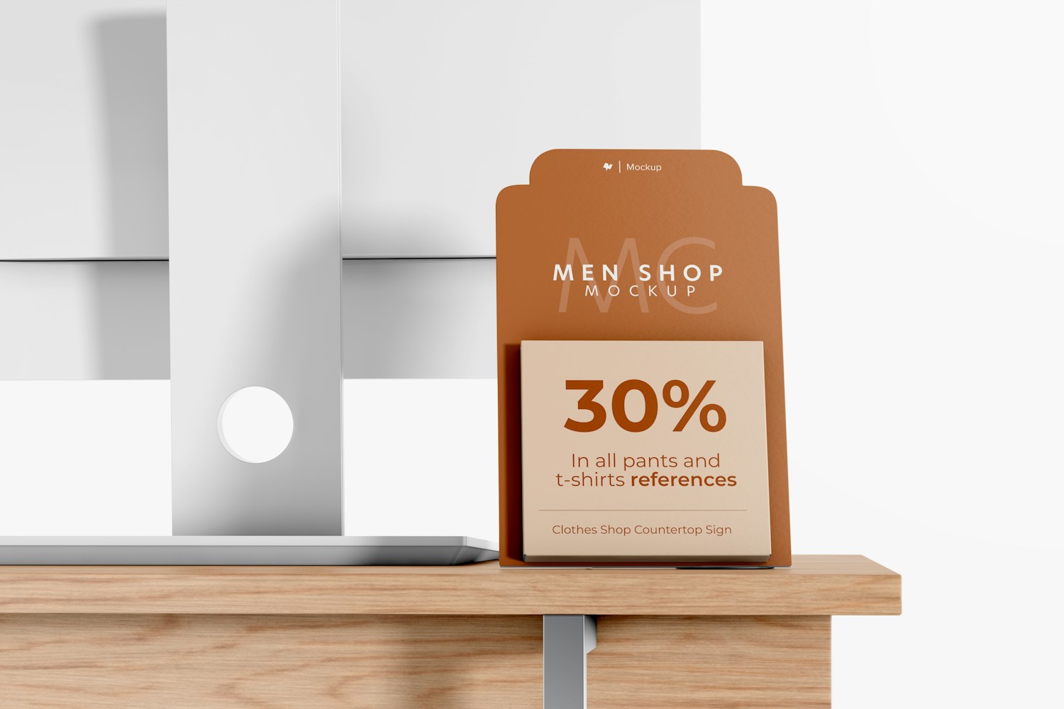 Clothes Shop Countertop Sign Mockup, on Counter