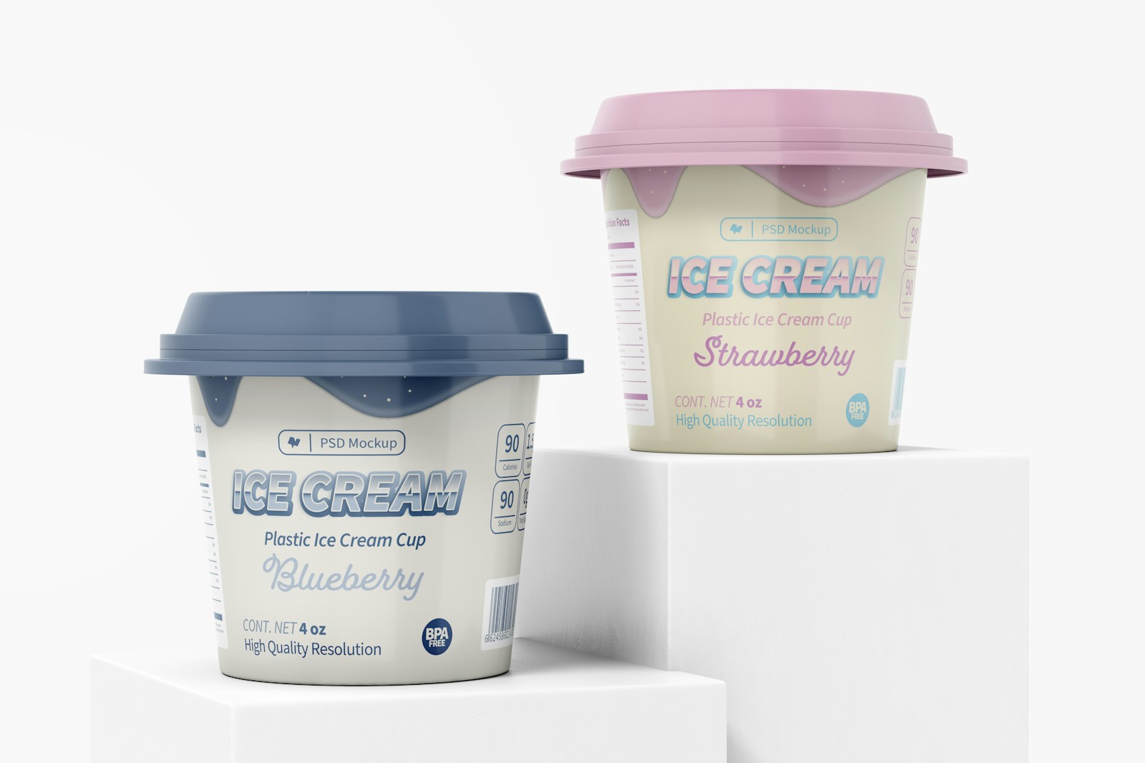 4 oz Plastic Ice Cream Cups Mockup, on Podiums