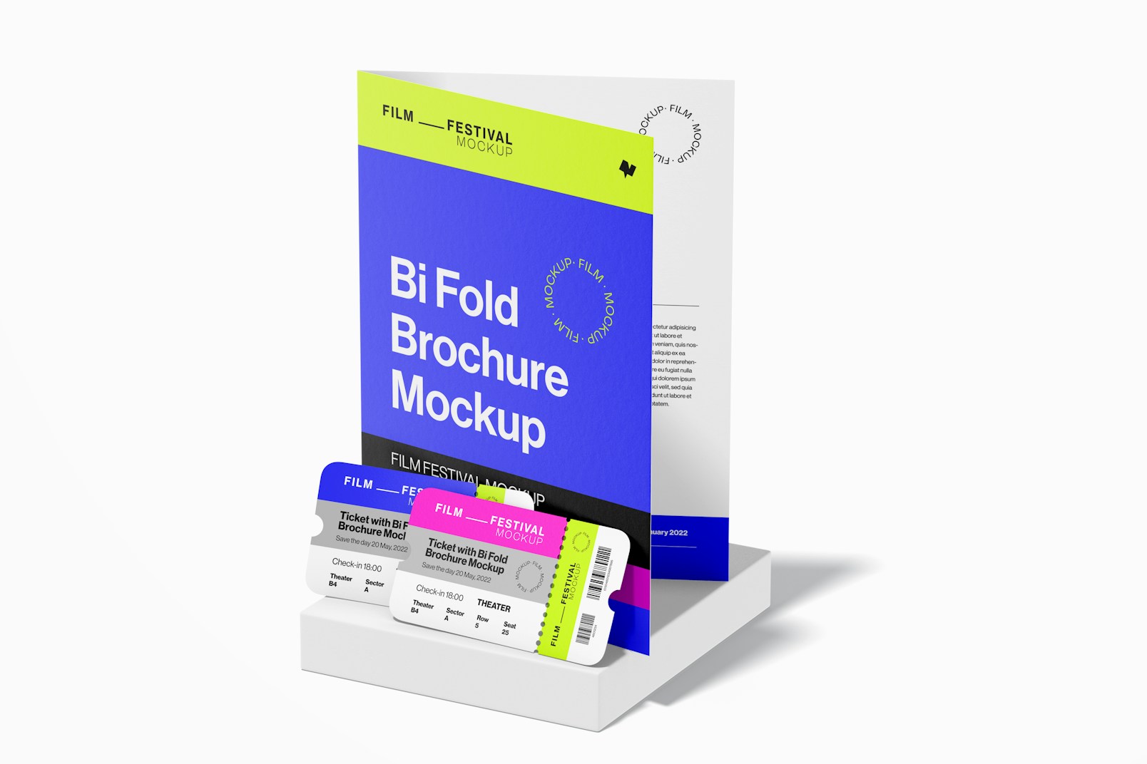 Ticket with Bi Fold Brochure Mockup, Perspective