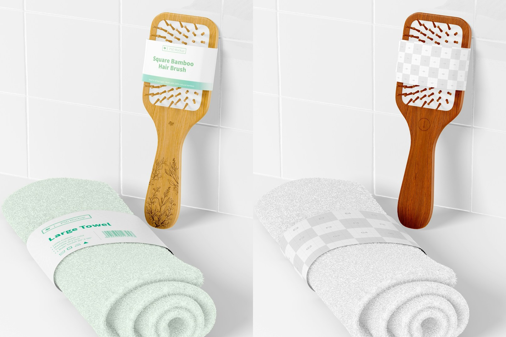 Square Bamboo Hair Brush with Towel Mockup