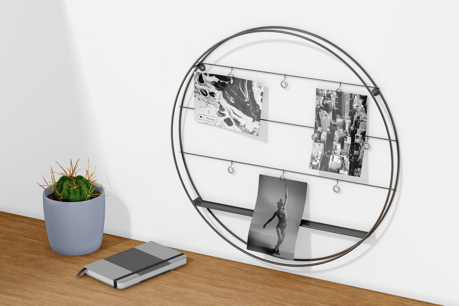 Round Multiple Photos Holder with Shelf Mockup, Perspective