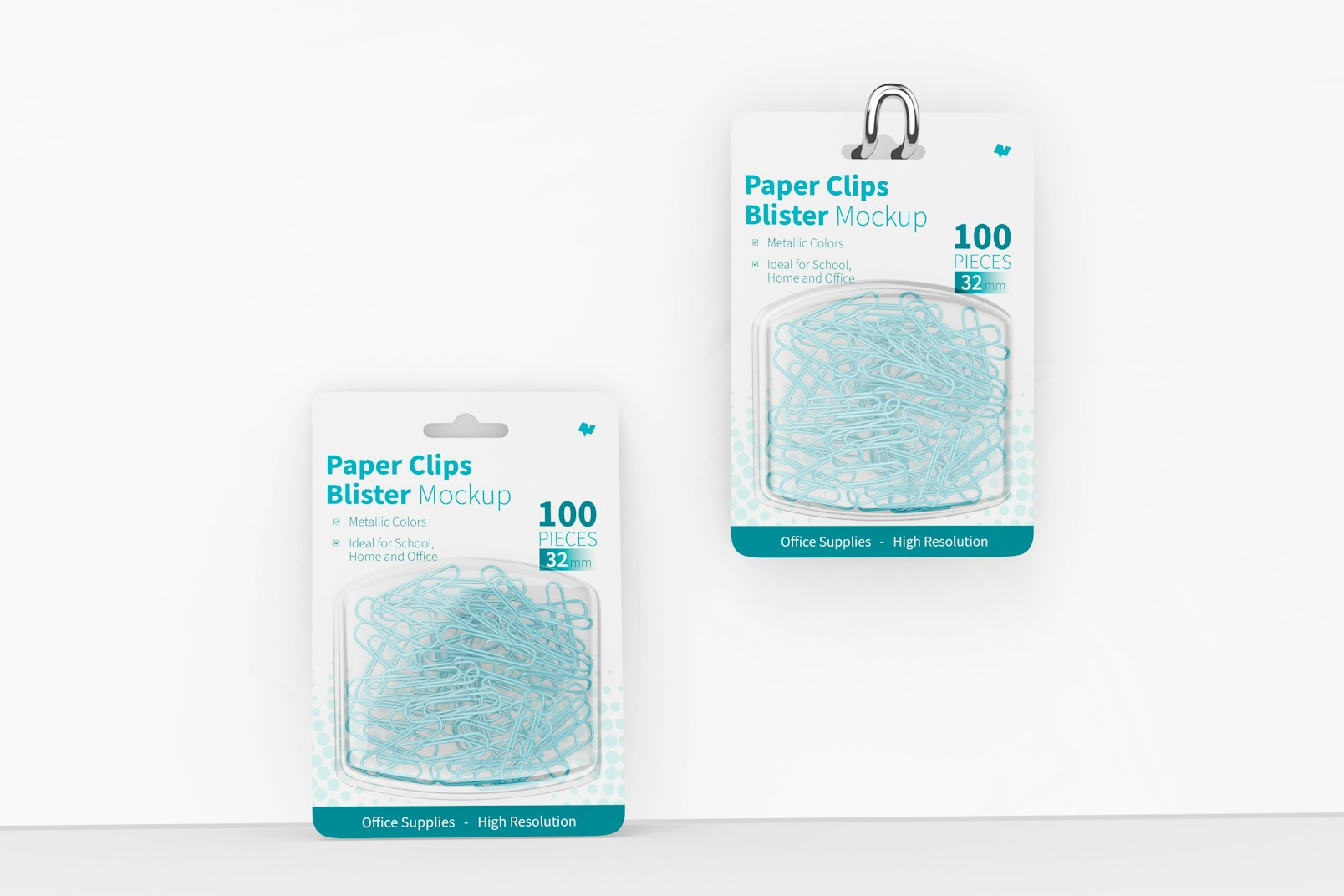 Paper Clips Blisters Mockup, Hanging and Leaned