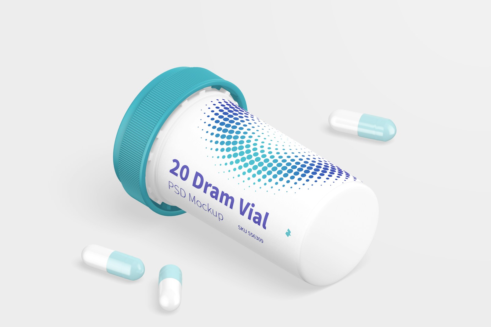 20 Dram Vial with Reversible Cap Mockup, Isometric Right View