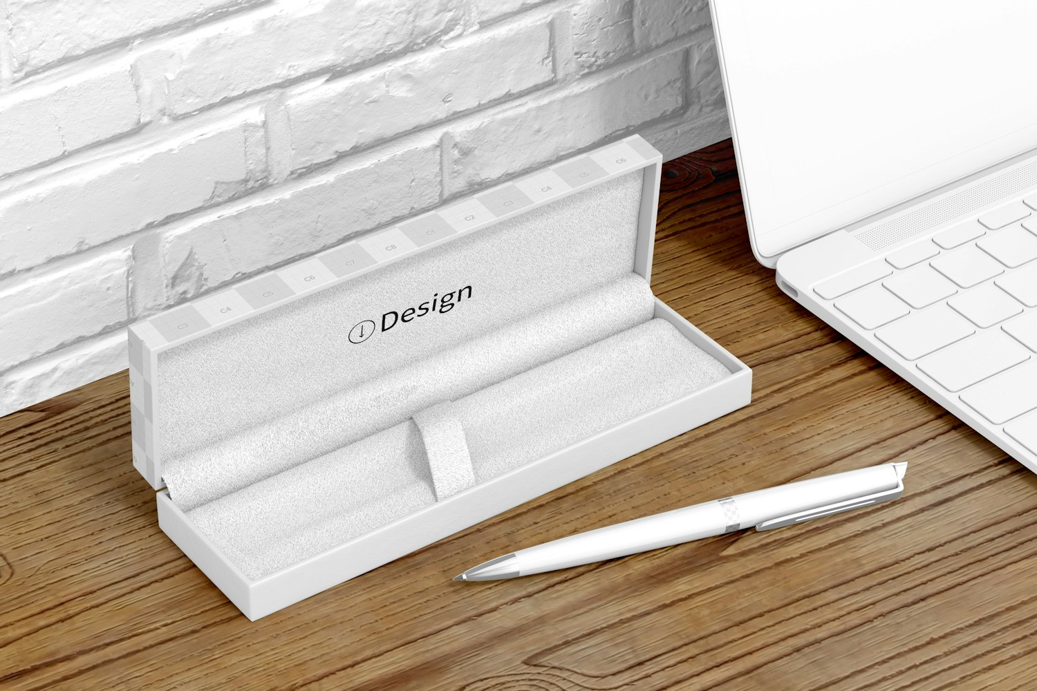 Pen In Gift Box with Laptop Mockup