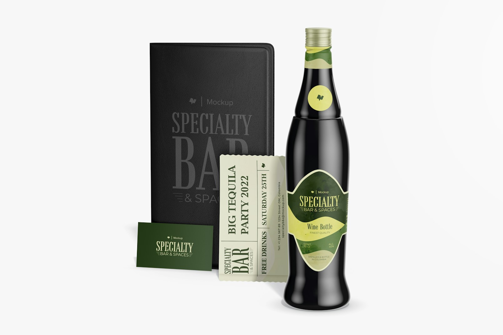 Wine Bottle with Stationery Mockup, Front View