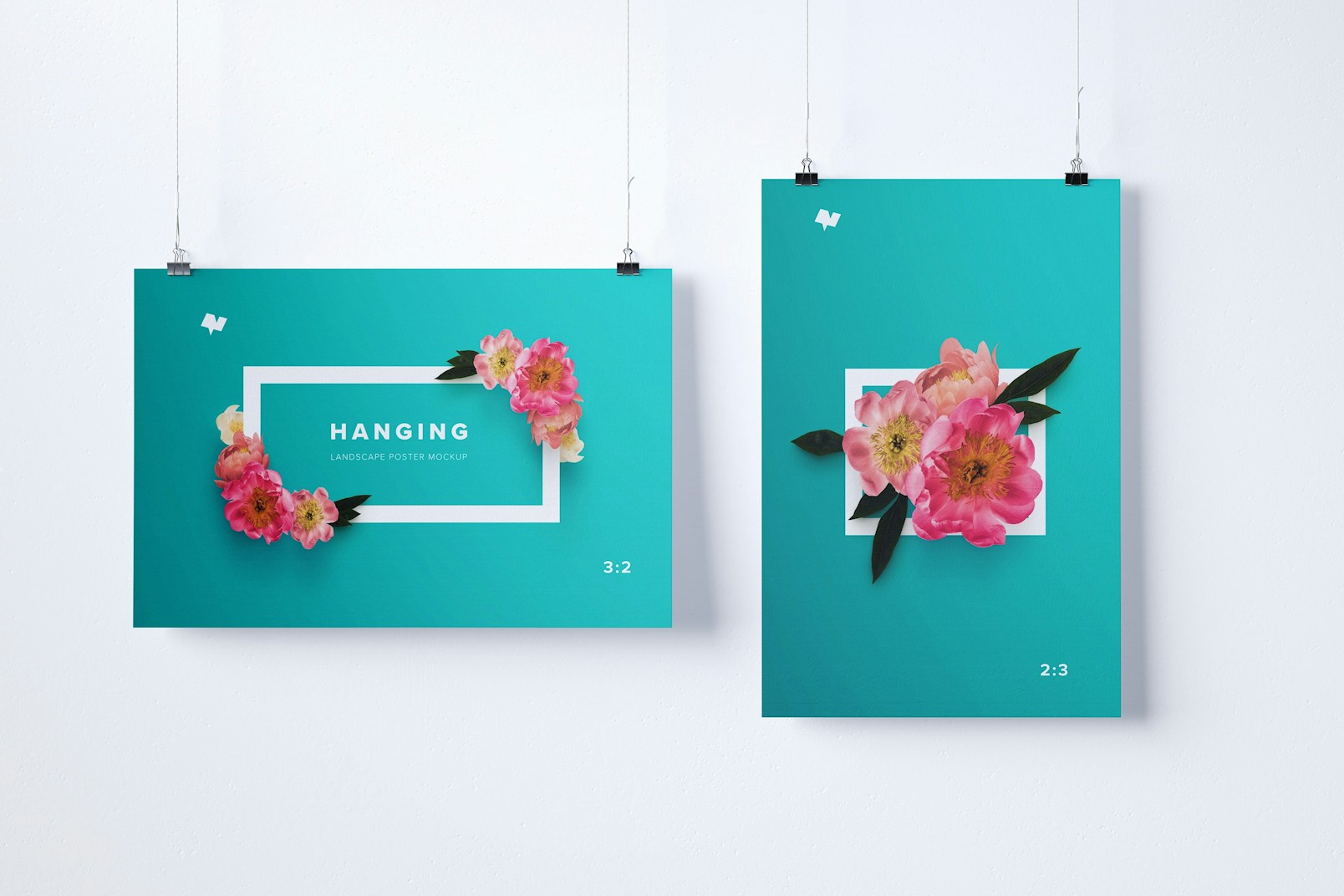 2:3 Two Hanging Poster Mockup, Landscape and Portrait View