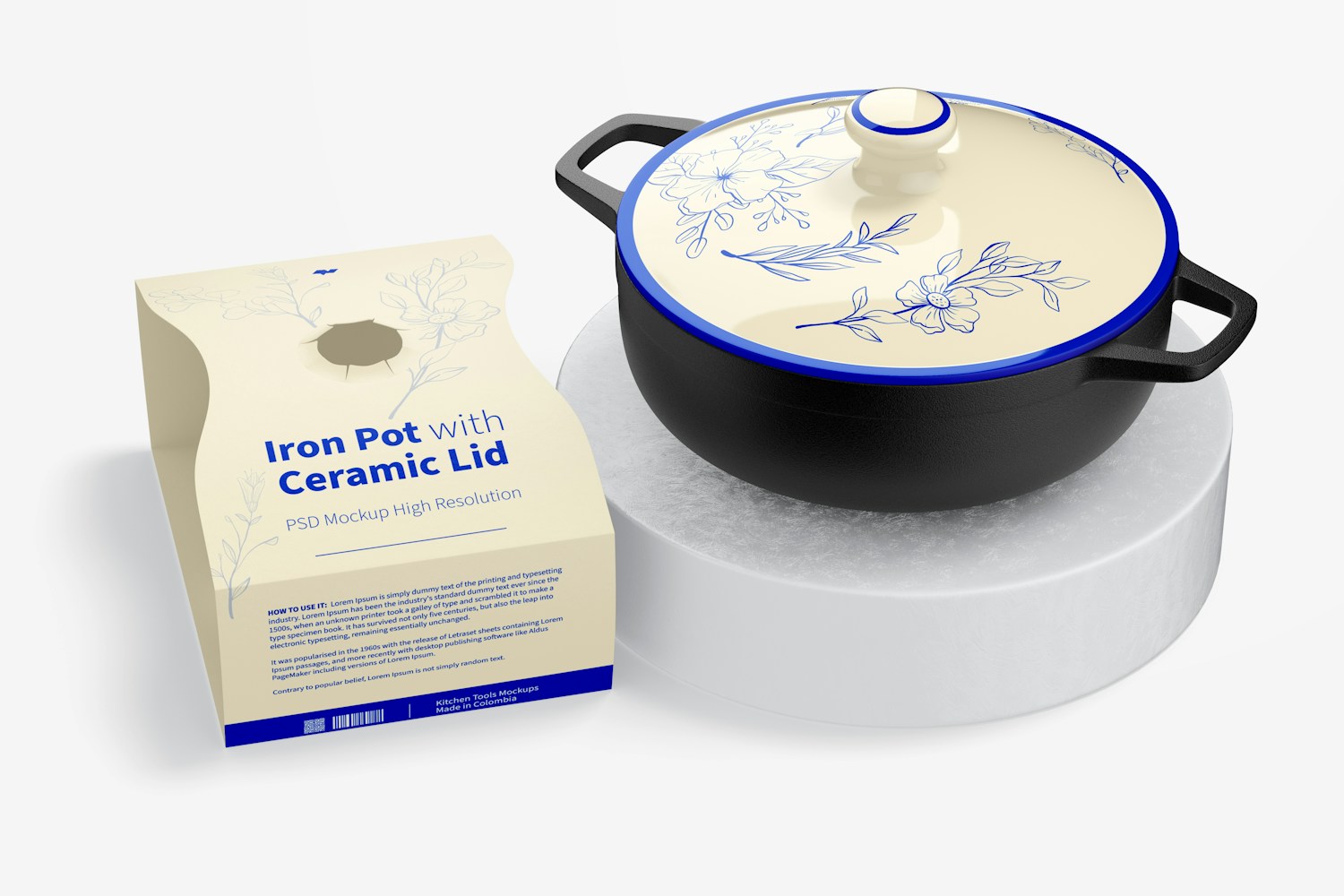 Iron Pot with Ceramic Lid Mockup, Perspective View
