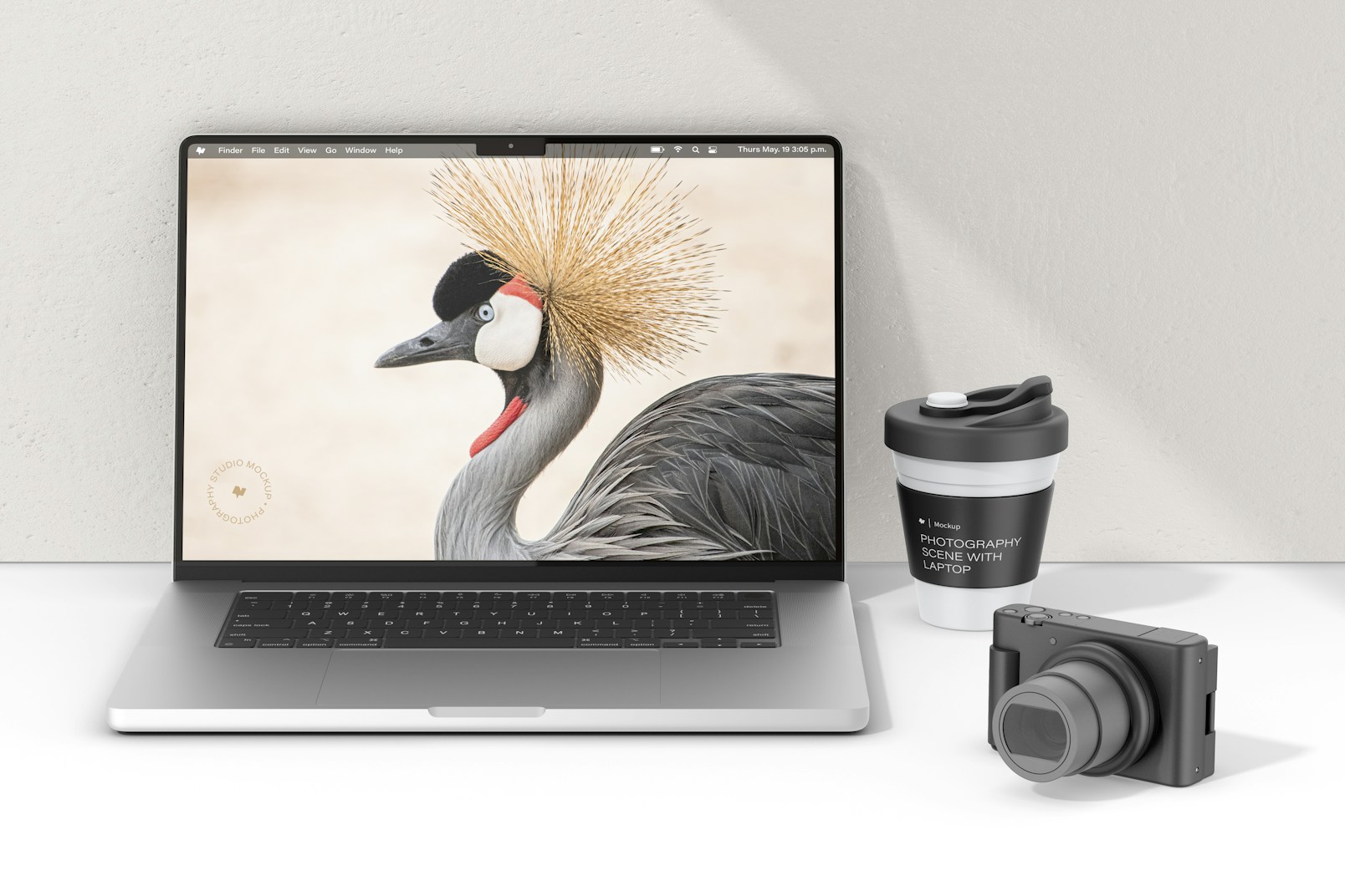 Photography Scene with Laptop Mockup, Front View