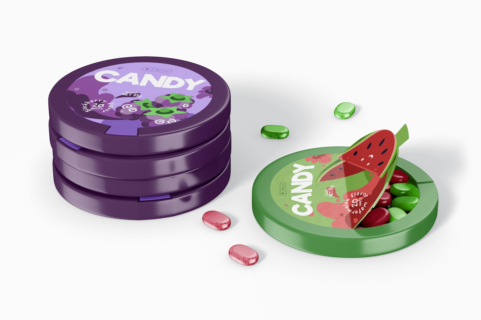 Round Candy Boxes Mockup, Stacked