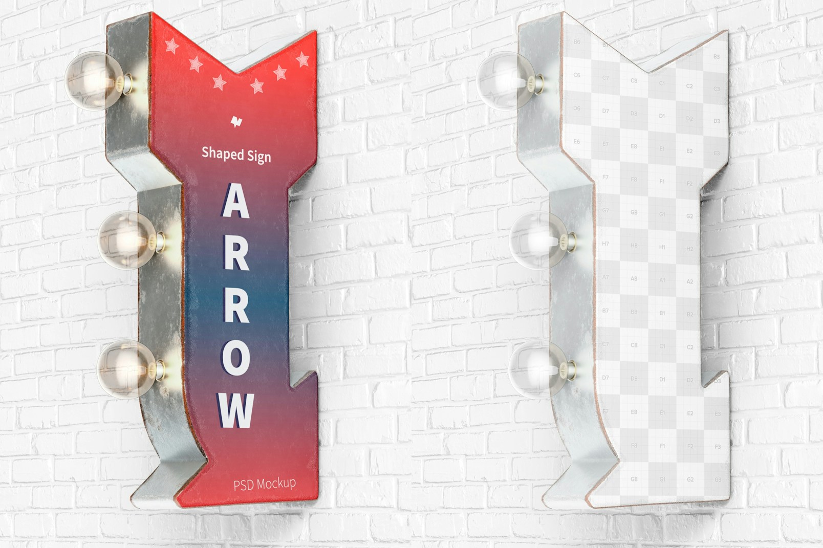Retro Arrow Shaped Sign Mockup, Hanging on Wall
