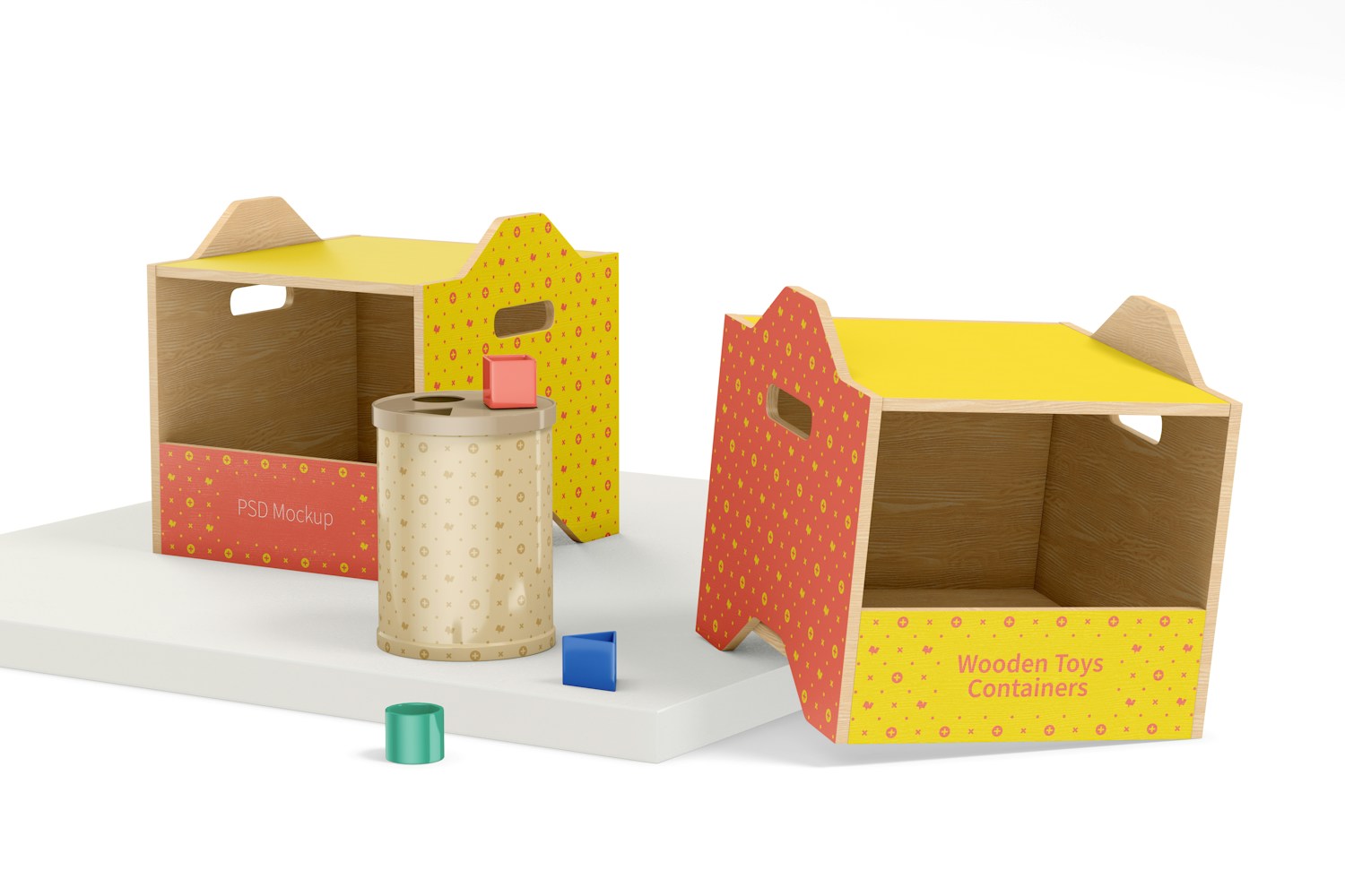 Wooden Toys Containers Mockup, Perspective