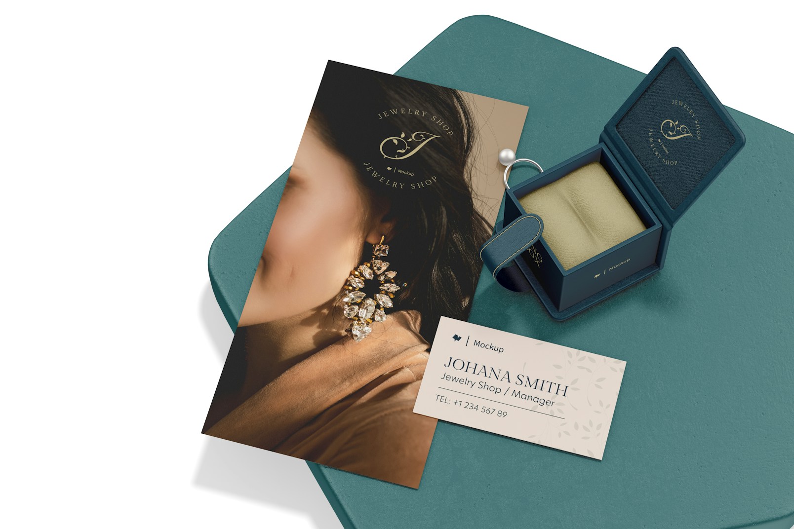 Jewelry Packaging and Stationery Mockup, on Surface