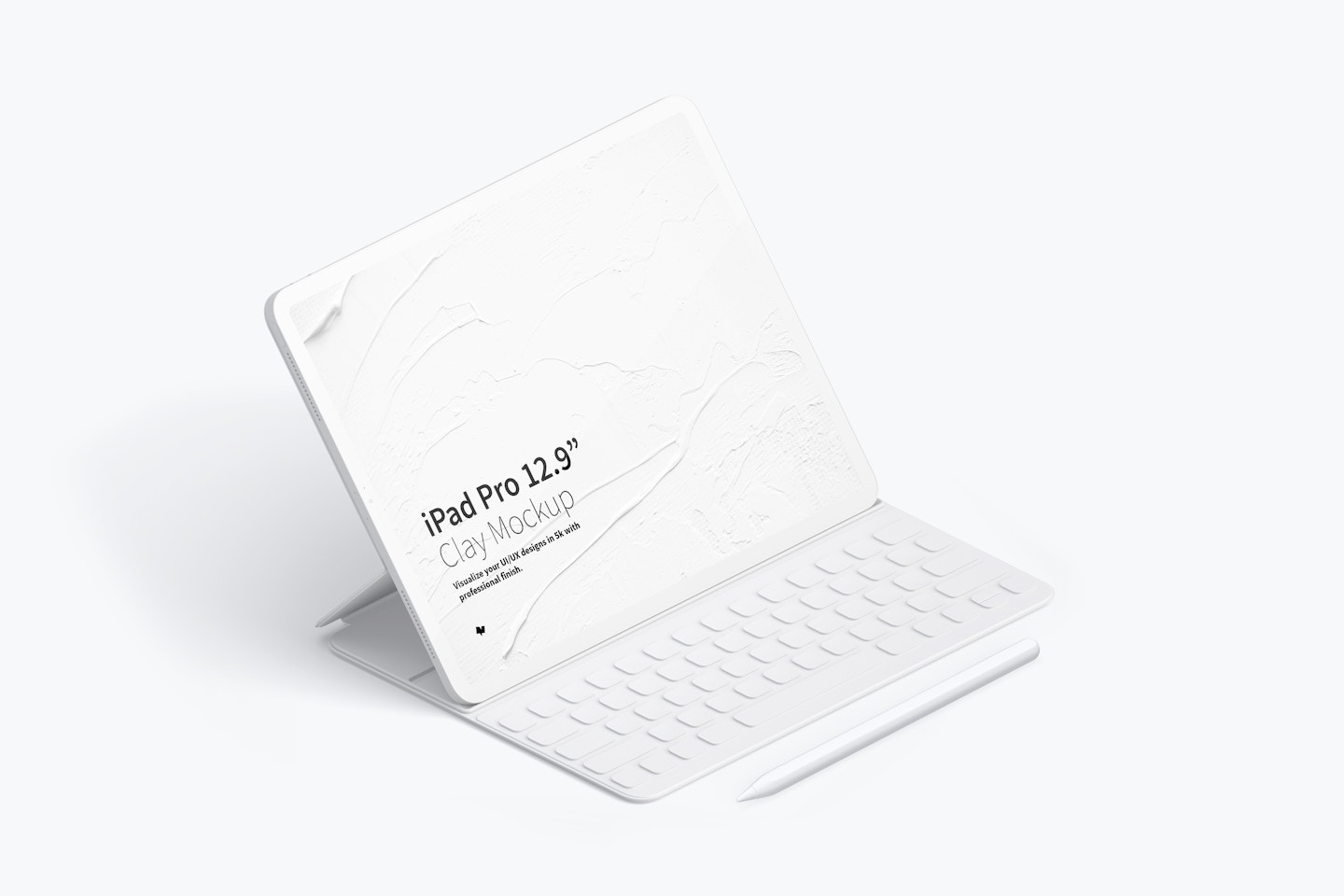 Clay iPad Pro 12.9” Mockup, Isometric Left View With Keyboard