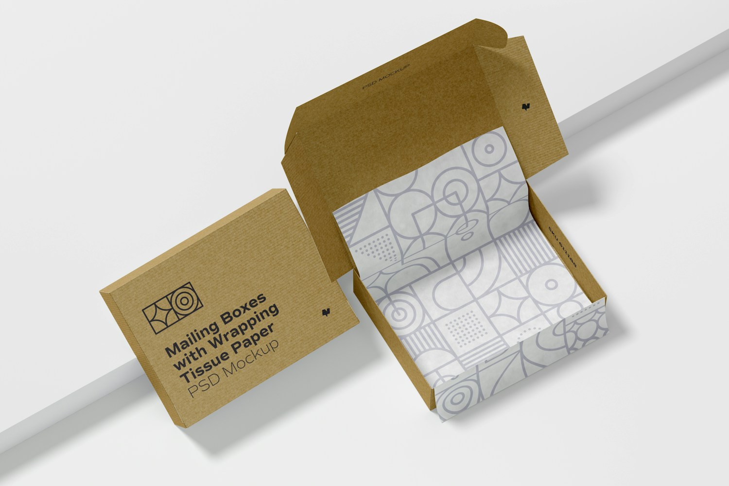 Mailing Boxes with Wrapping Tissue Paper Mockup, Opened and Closed