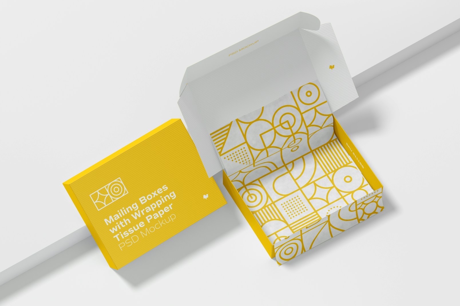 Mailing Boxes with Wrapping Tissue Paper Mockup, Opened and Closed