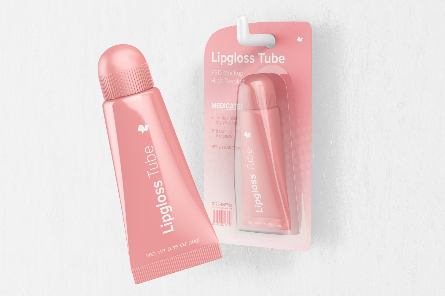 Lipgloss Tubes on Blister Mockup, Hanging on Wall Lipgloss Tubes on Blister Mockup, Hanging on Wall