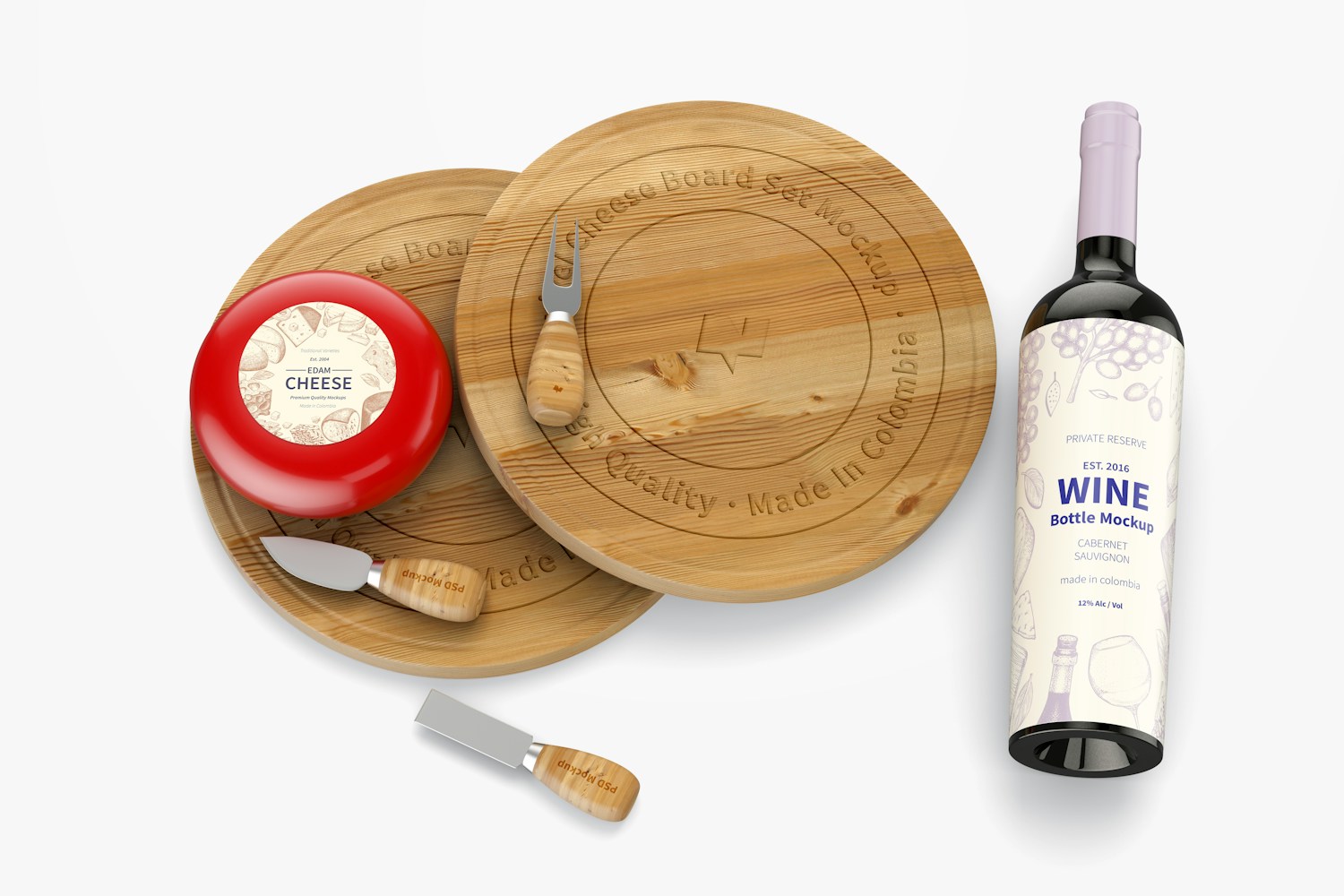 Swivel Cheese Board Set with Wine Bottle Mockup Swivel Cheese Board Set with Wine Bottle Mockup