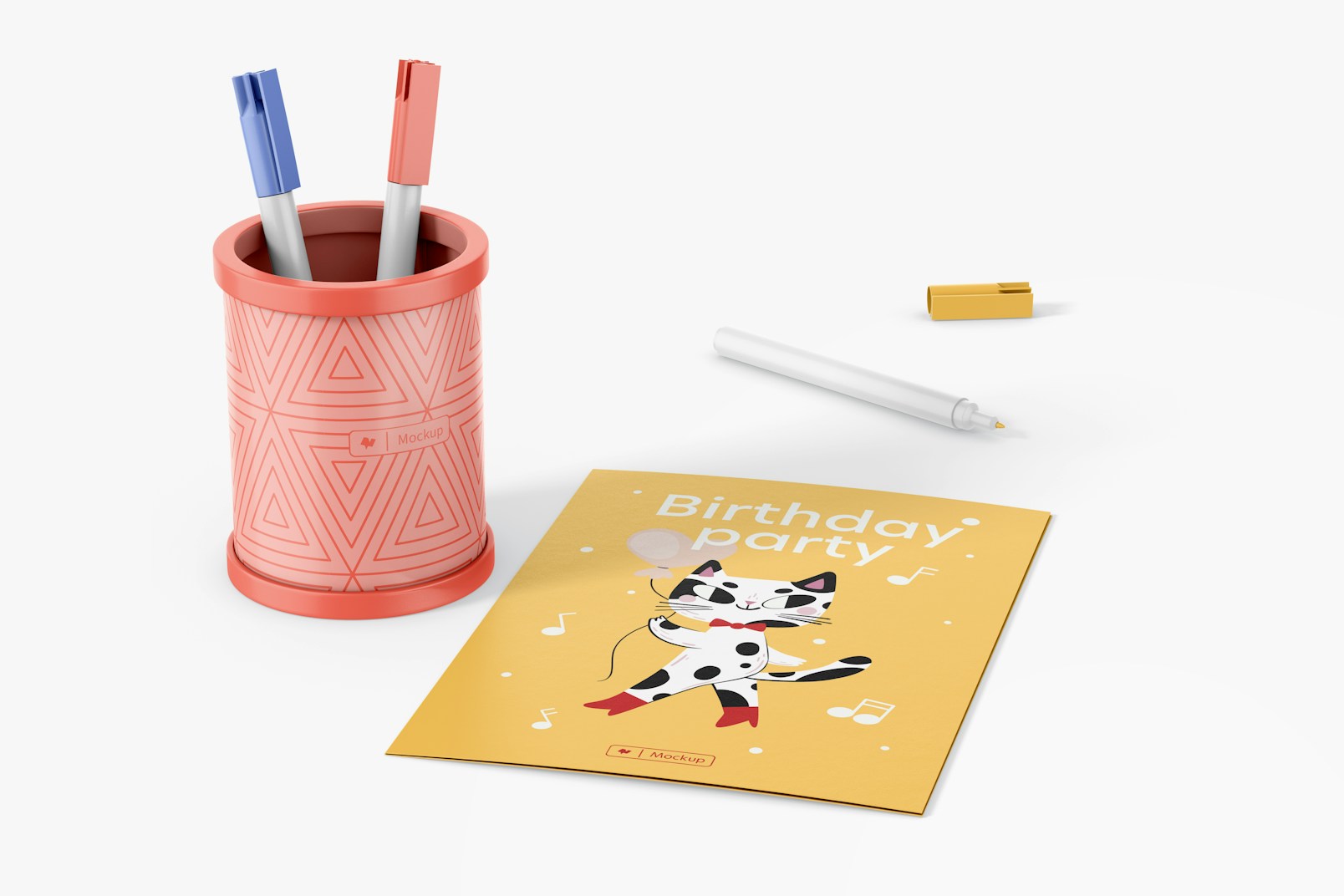 Round Pen Holder with Greeting Card Mockup, Front View
