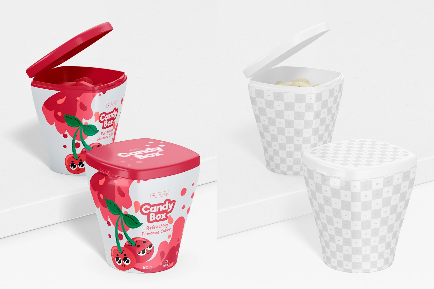 Plastic Candy Boxes Mockup, Front View Plastic Candy Boxes Mockup, Front View