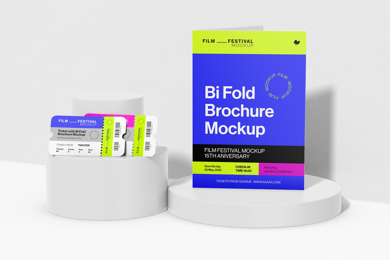 Ticket with Bi Fold Brochure Mockup, Front View