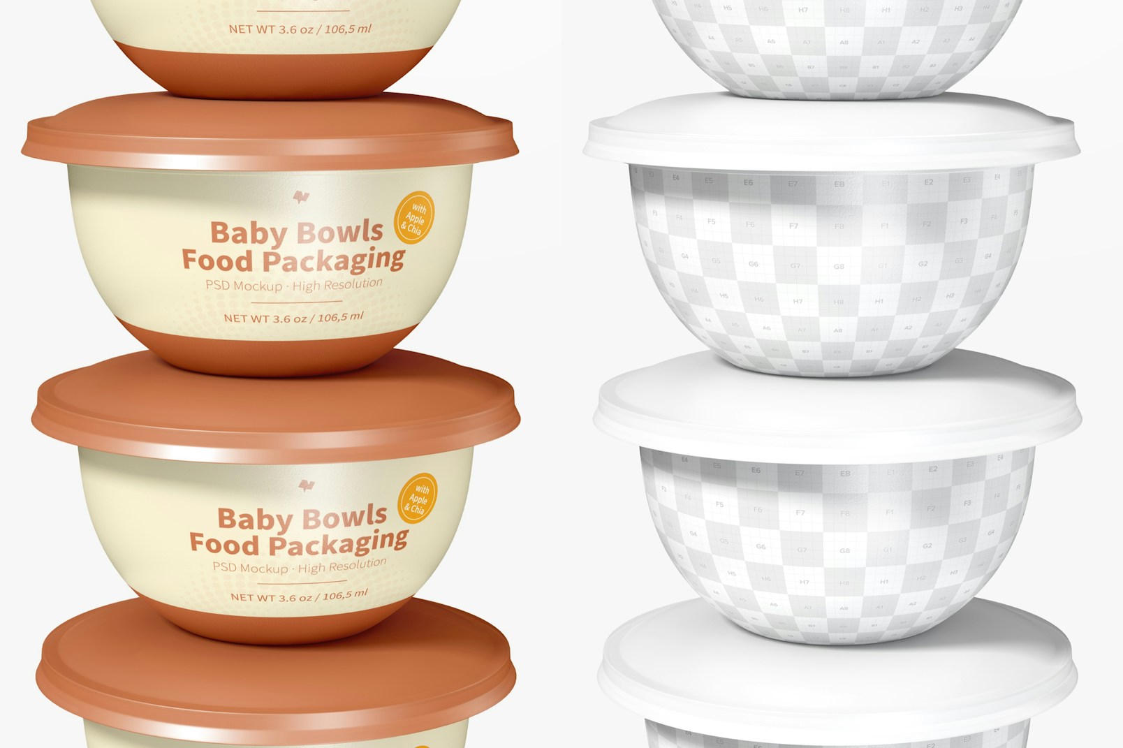 Baby Bowls Food Packaging Mockup, Close-Up