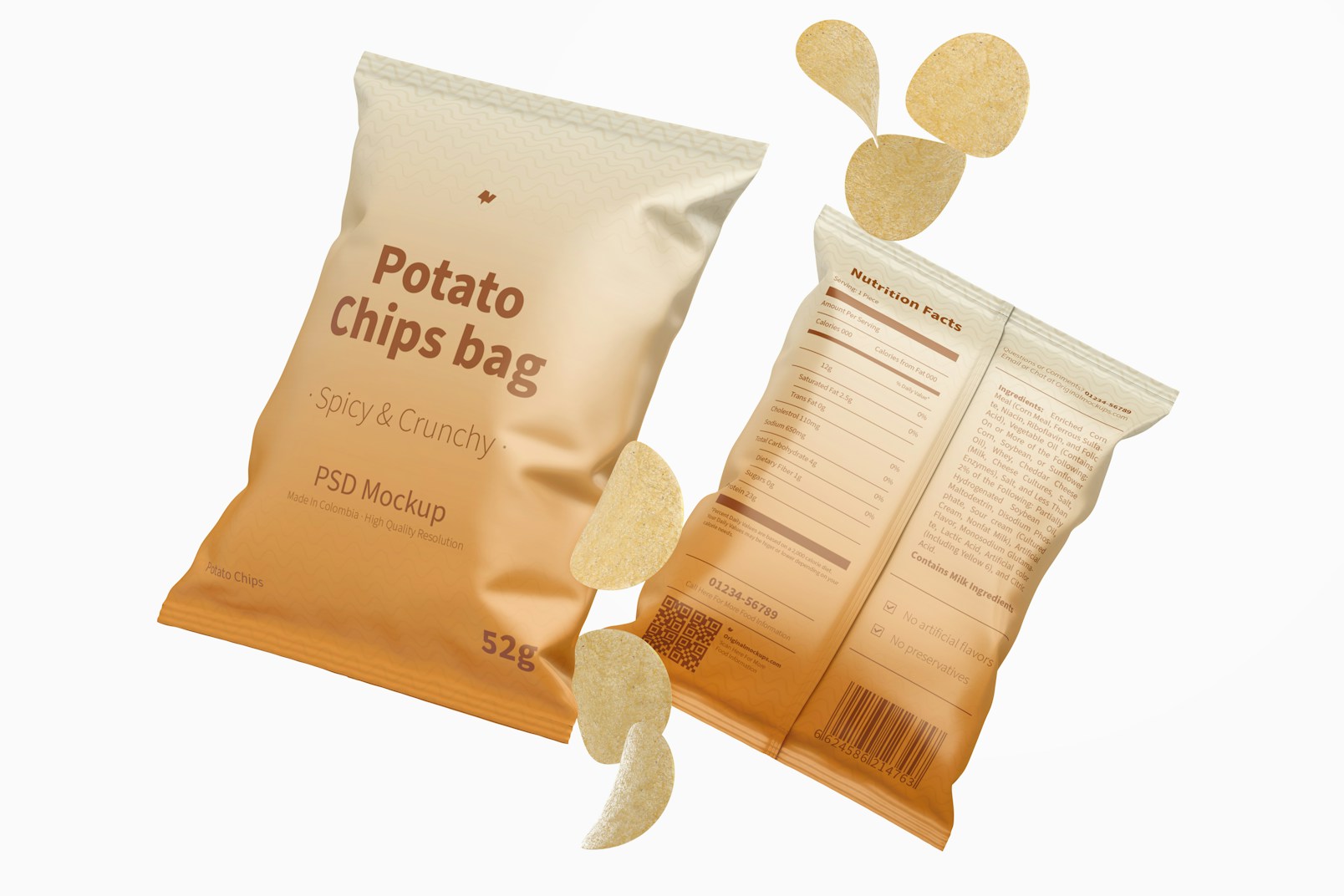 Potato Chips Bags Mockup, Falling