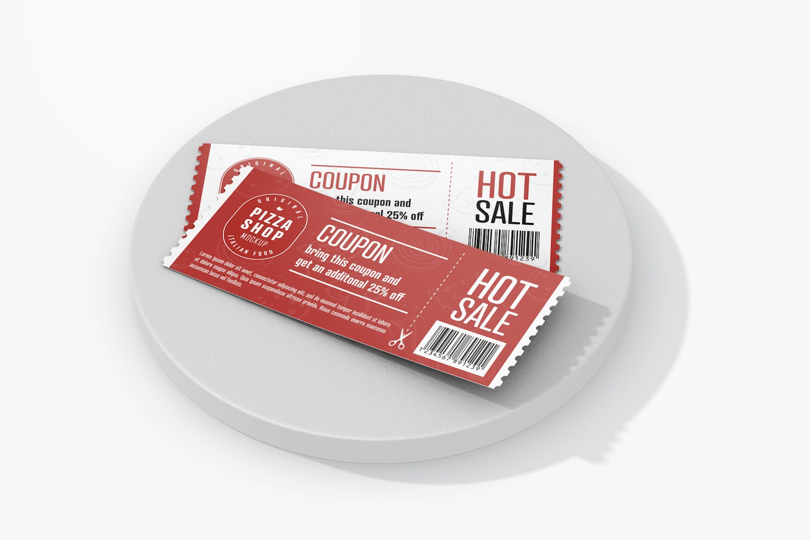 Pizza Discount Coupons Mockup, on Podium