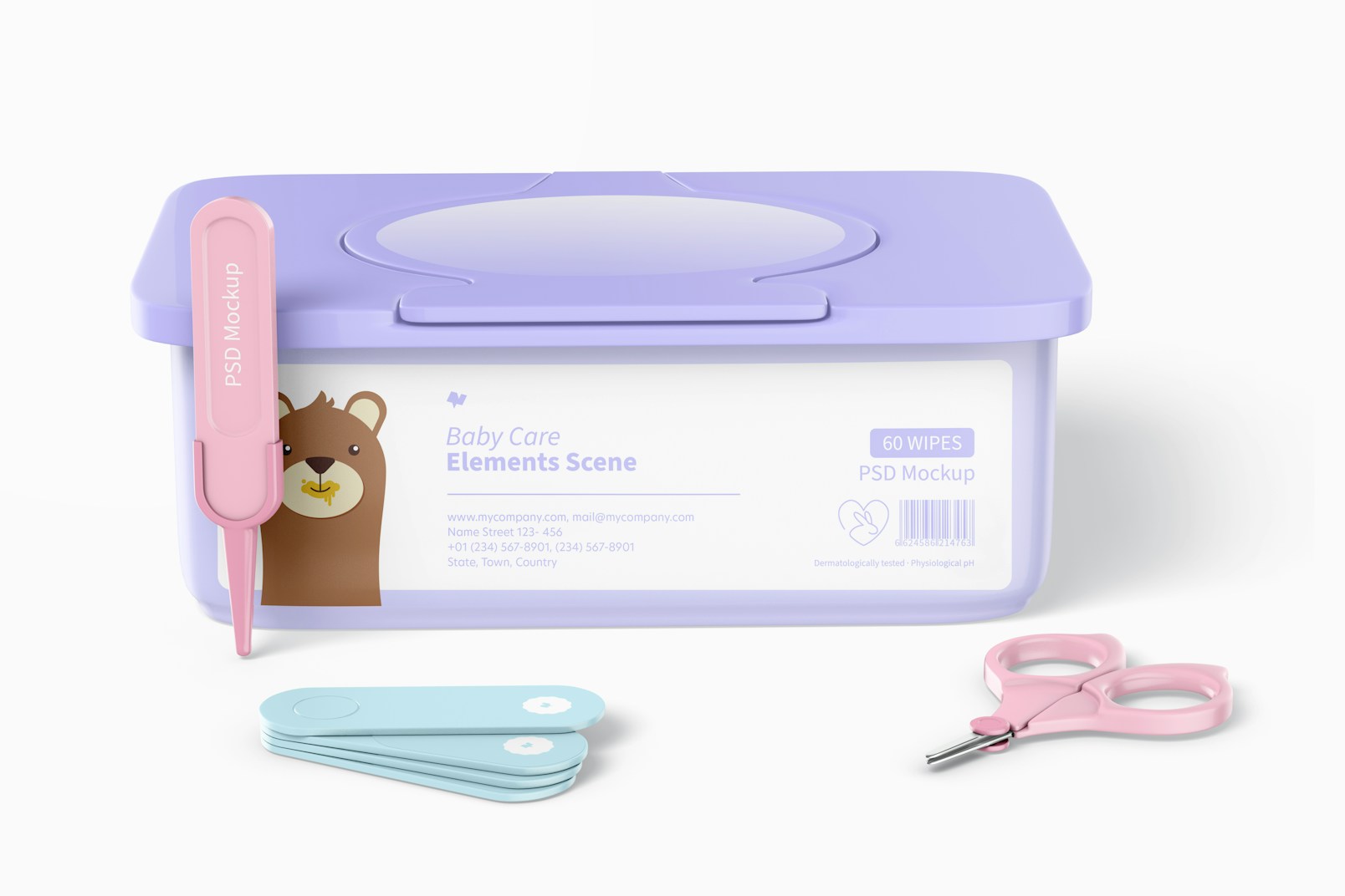 Baby Care Elements Scene Mockup, Front View