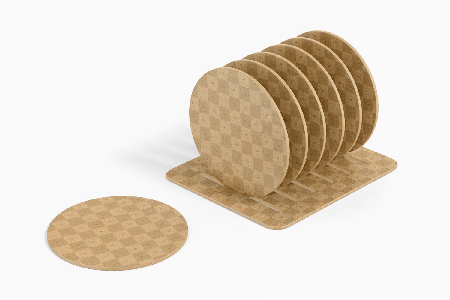 Round Kraft Coasters Mockup, Perspective Round Kraft Coasters Mockup, Perspective