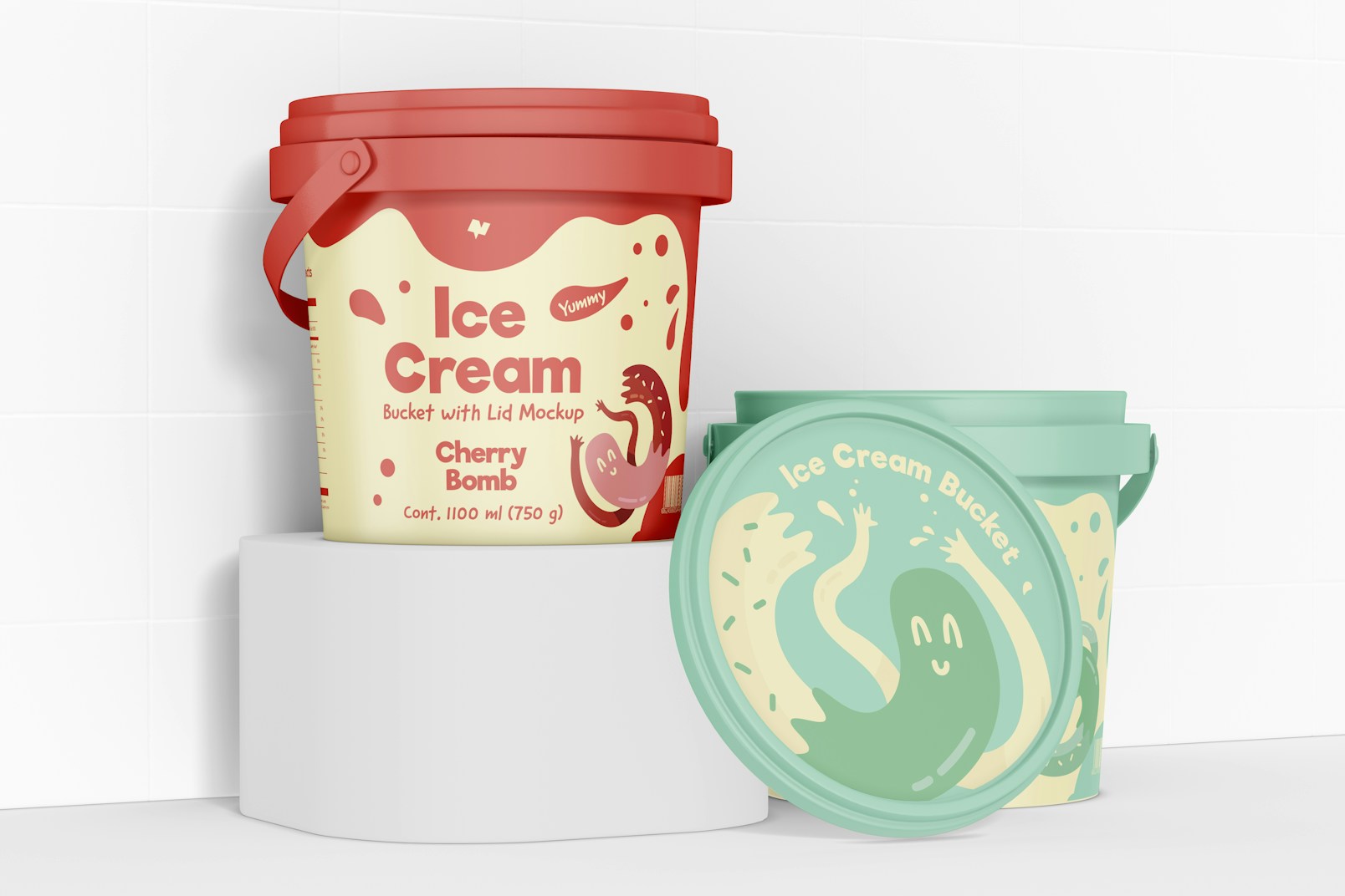 Ice Cream Buckets With Lid Mockup, Closed and Opened