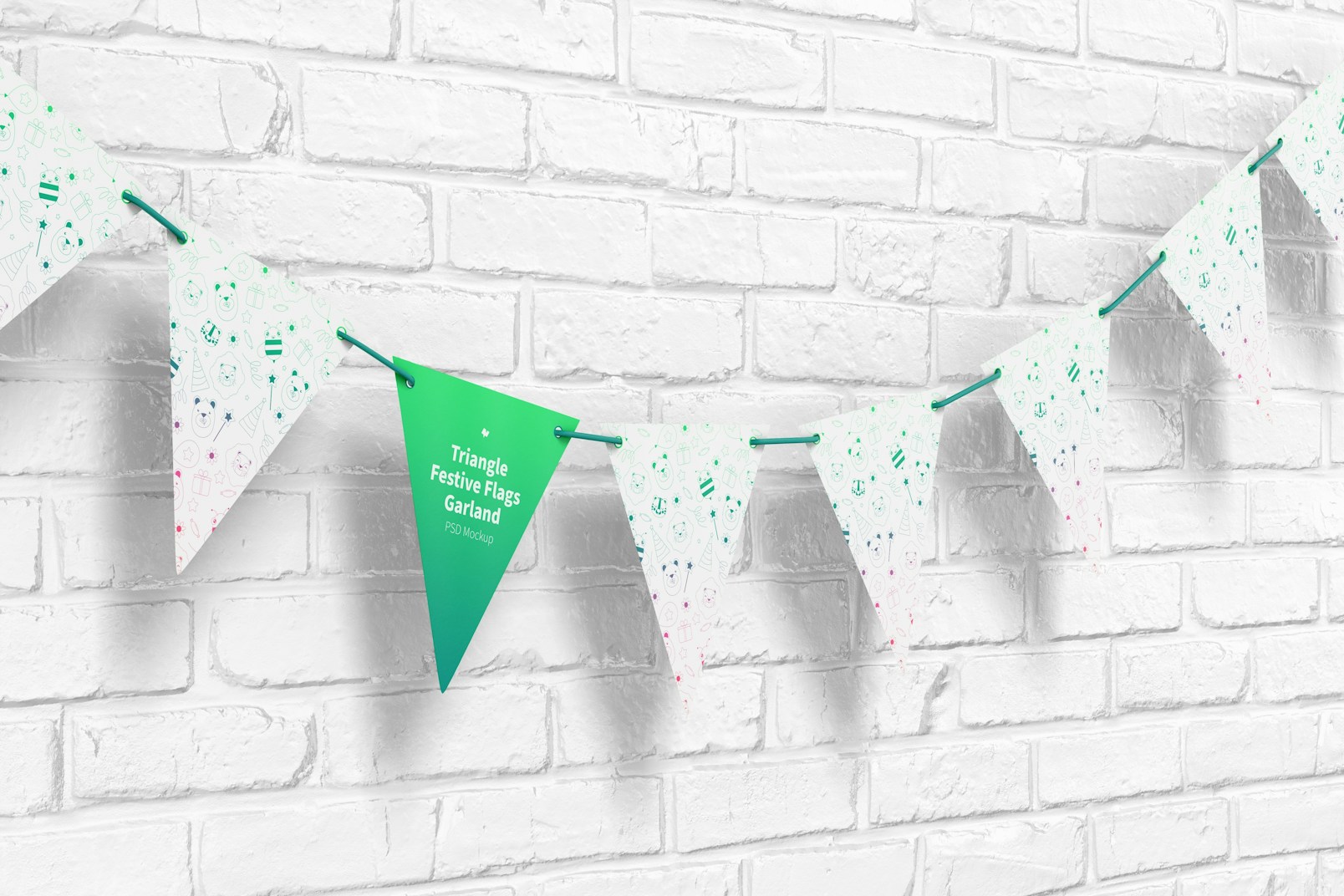 Triangle Festive Flags Garland Mockup, Hanging on Wall