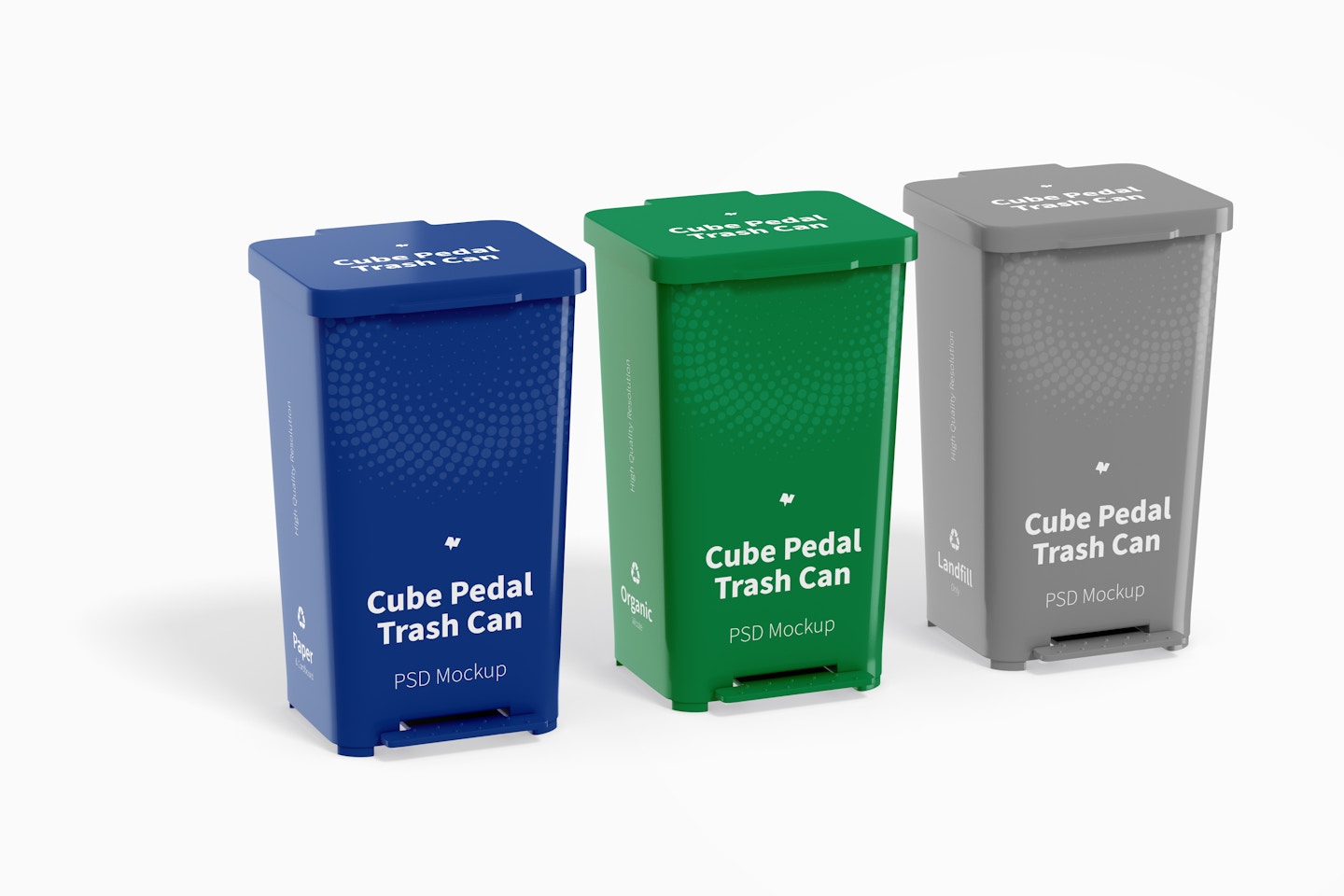 Cube Pedal Trash Cans Set Mockup
