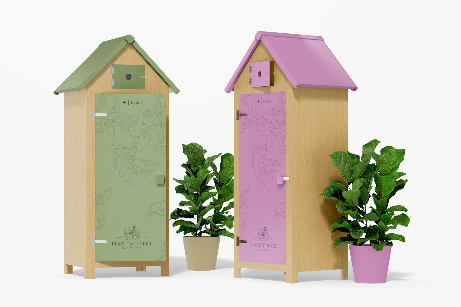 Wooden Garden Cabinets Mockup, Side View
