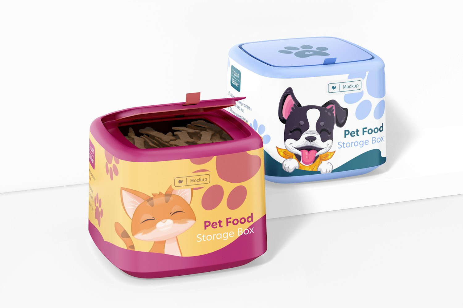 Pet Food Storage Boxes Mockup, Perspective Pet Food Storage Boxes Mockup, Perspective