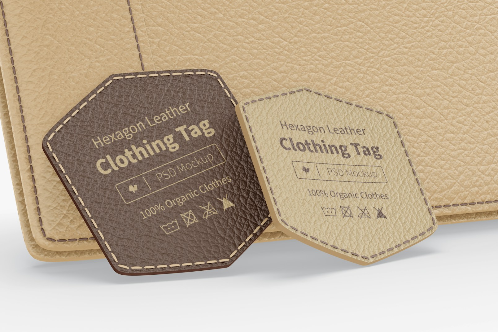 Hexagon Leather Clothing Tags Mockup, Leaned