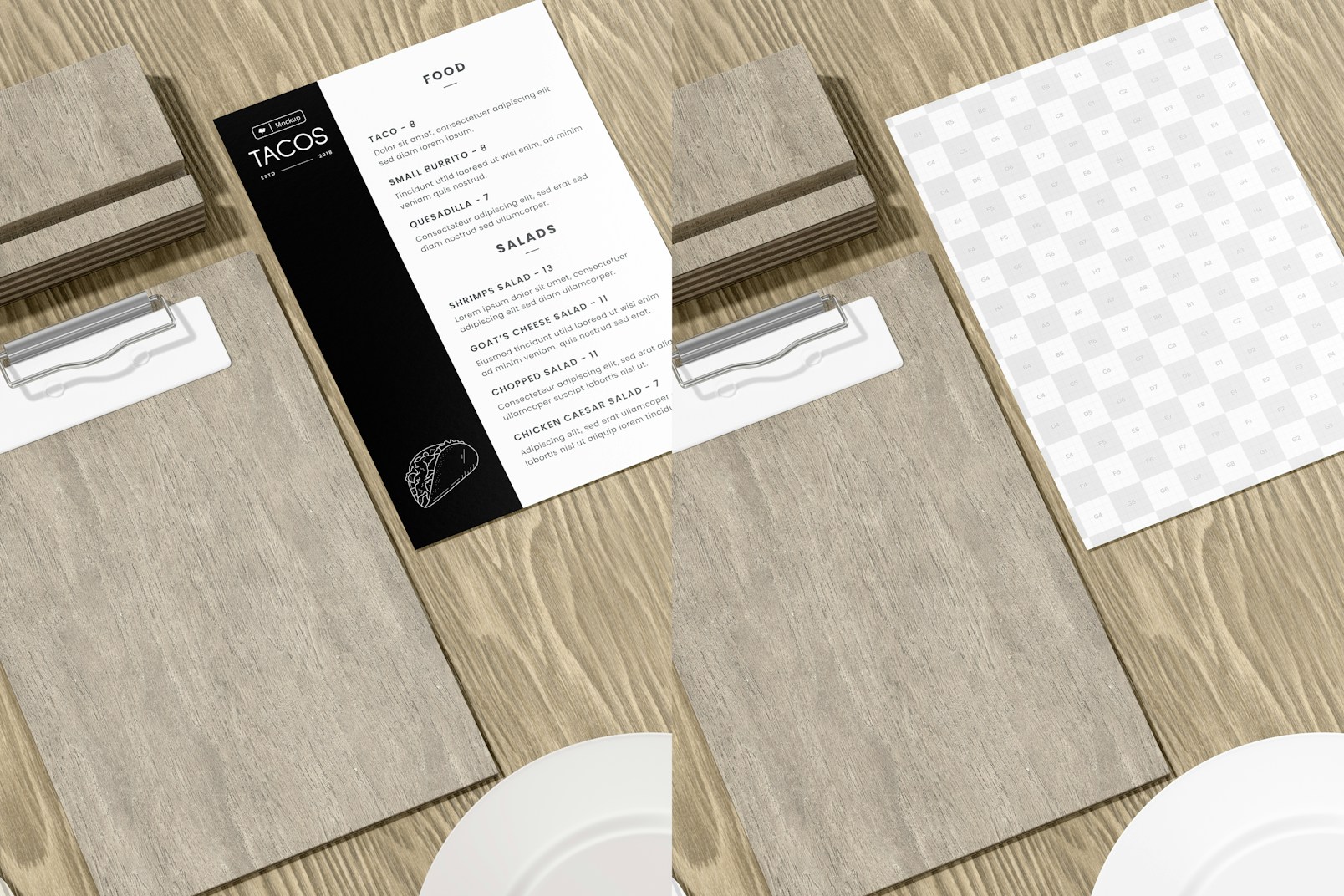 Table Menu Stand with Clip Mockup, Perspective