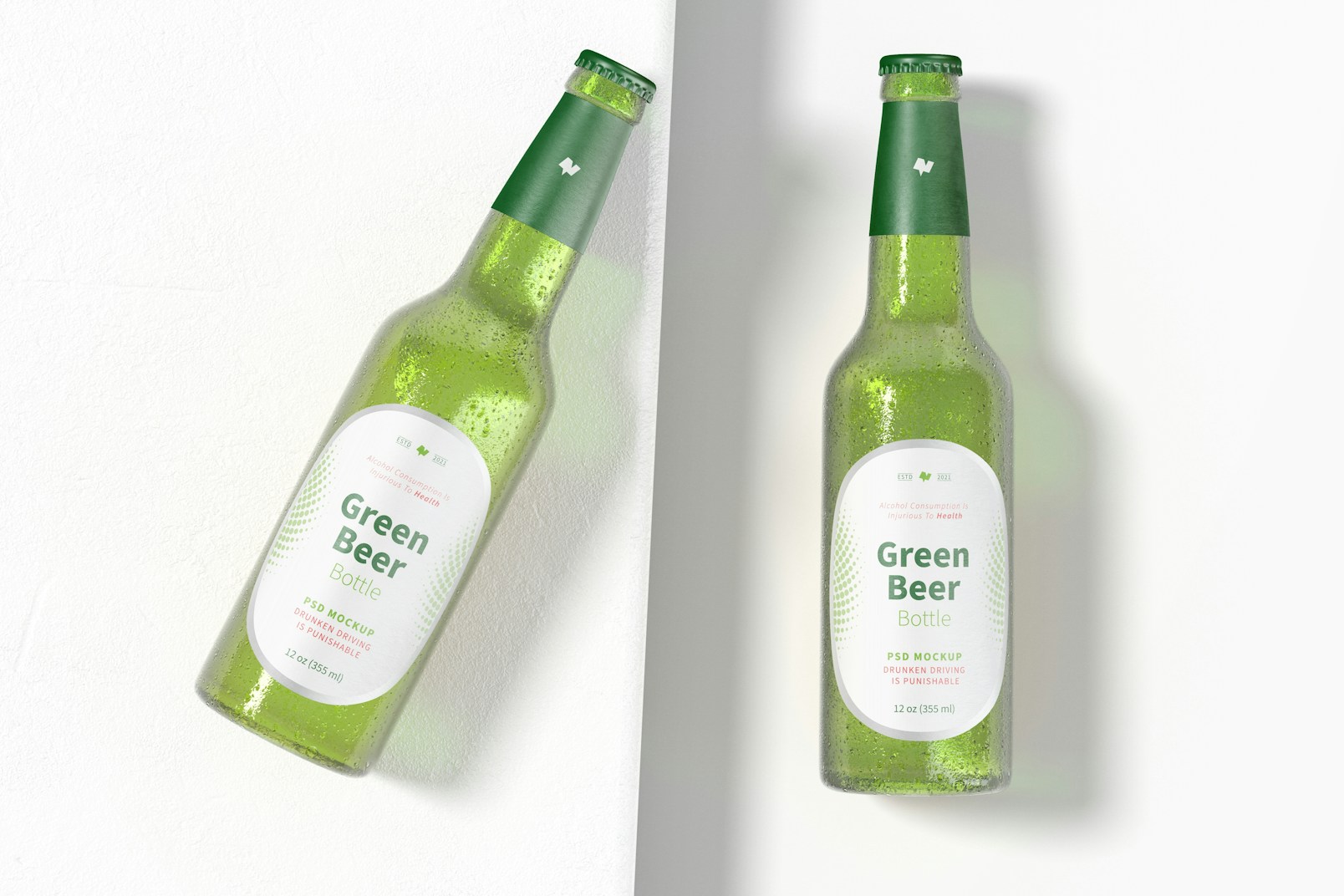 Green Beer Bottles Mockup, Top View