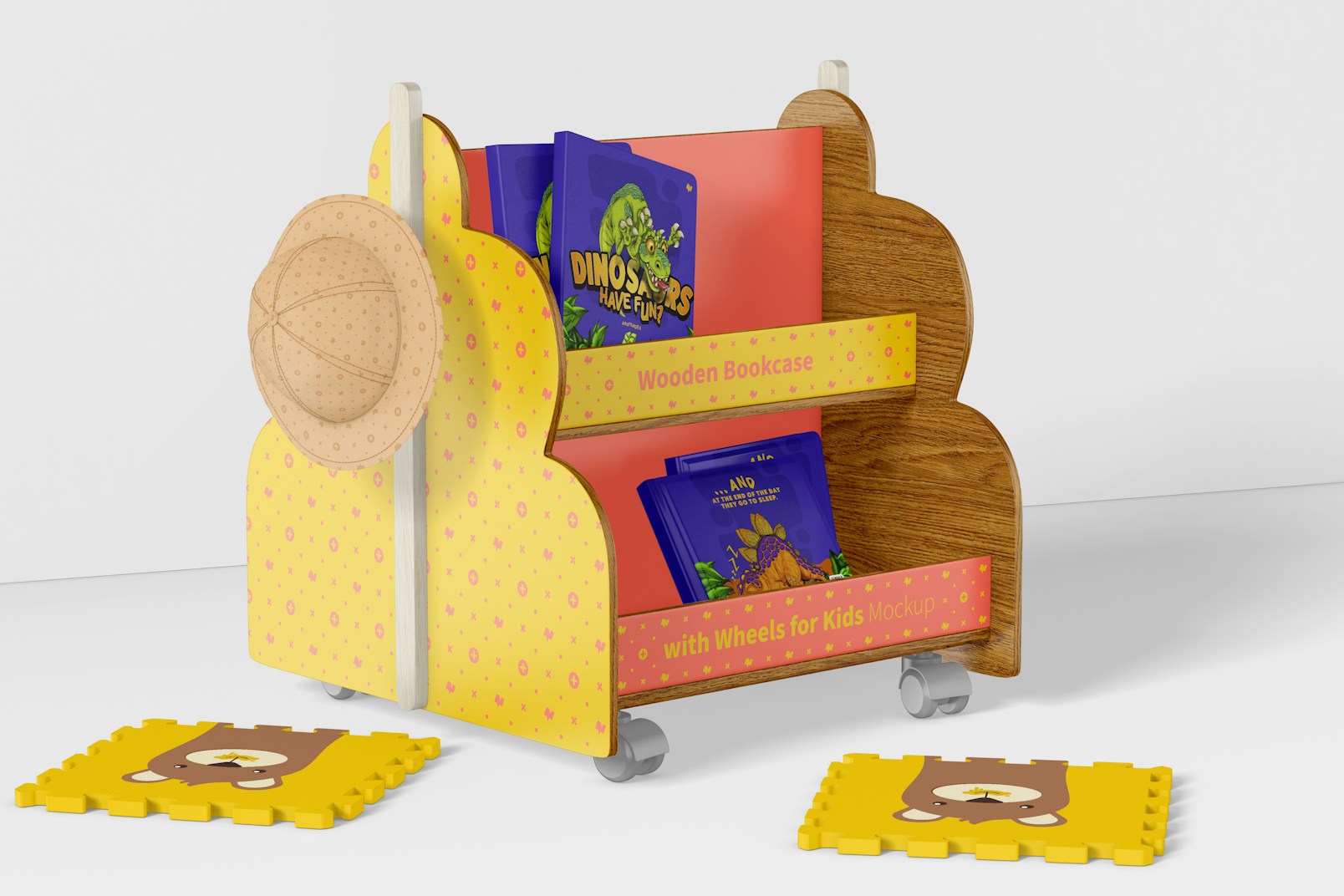 Wooden Bookcase with Wheels for Kids Mockup, Left View