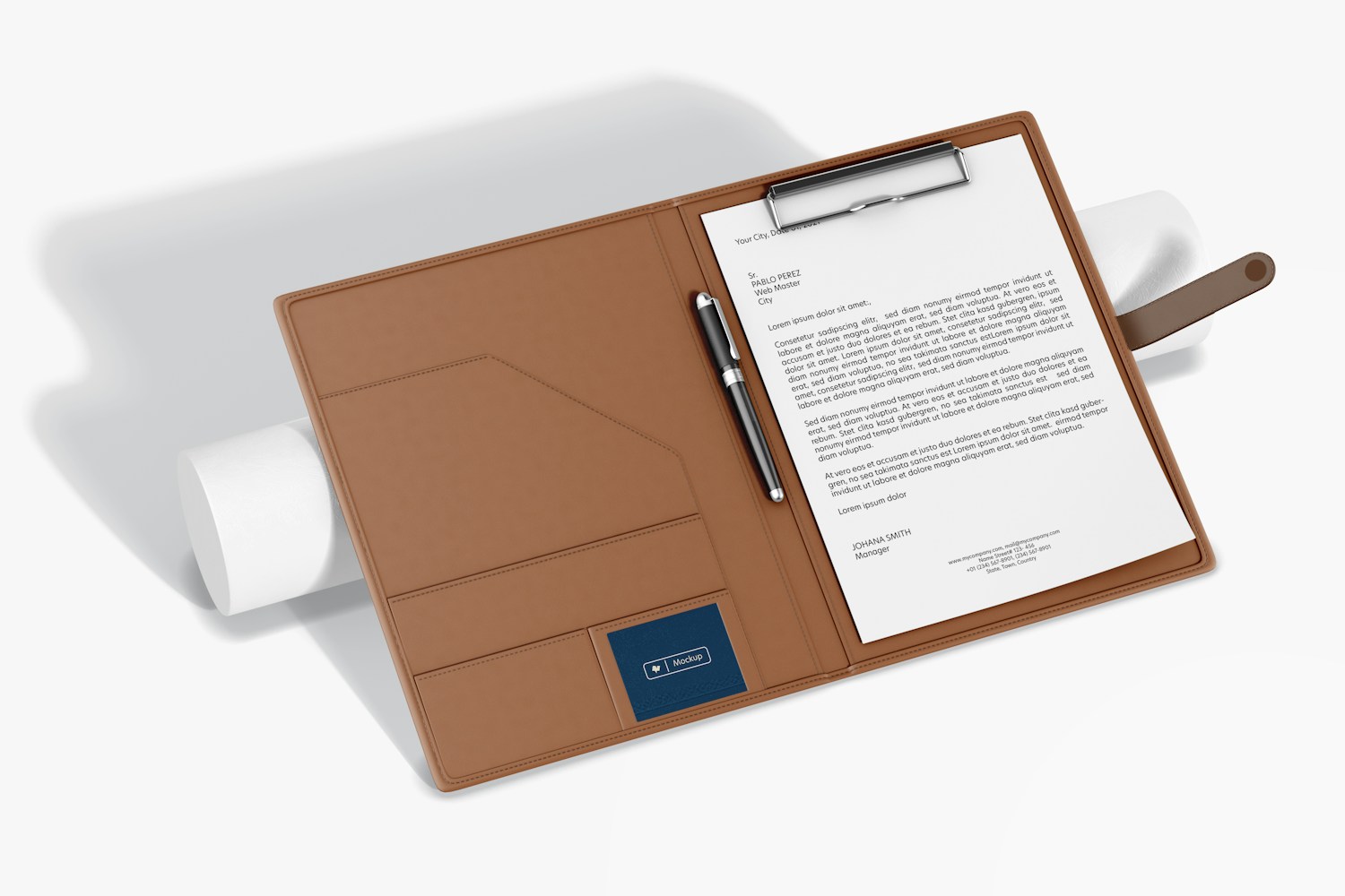 Leather Folder with Tab Mockup, Leaned Leather Folder with Tab Mockup, Leaned