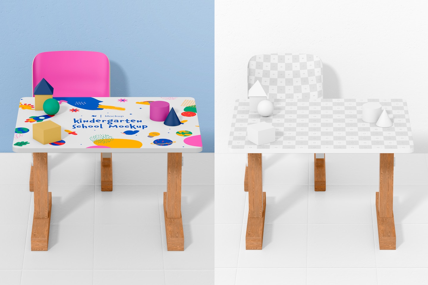 Kindergarten Table and Chair Mockup, with Toys