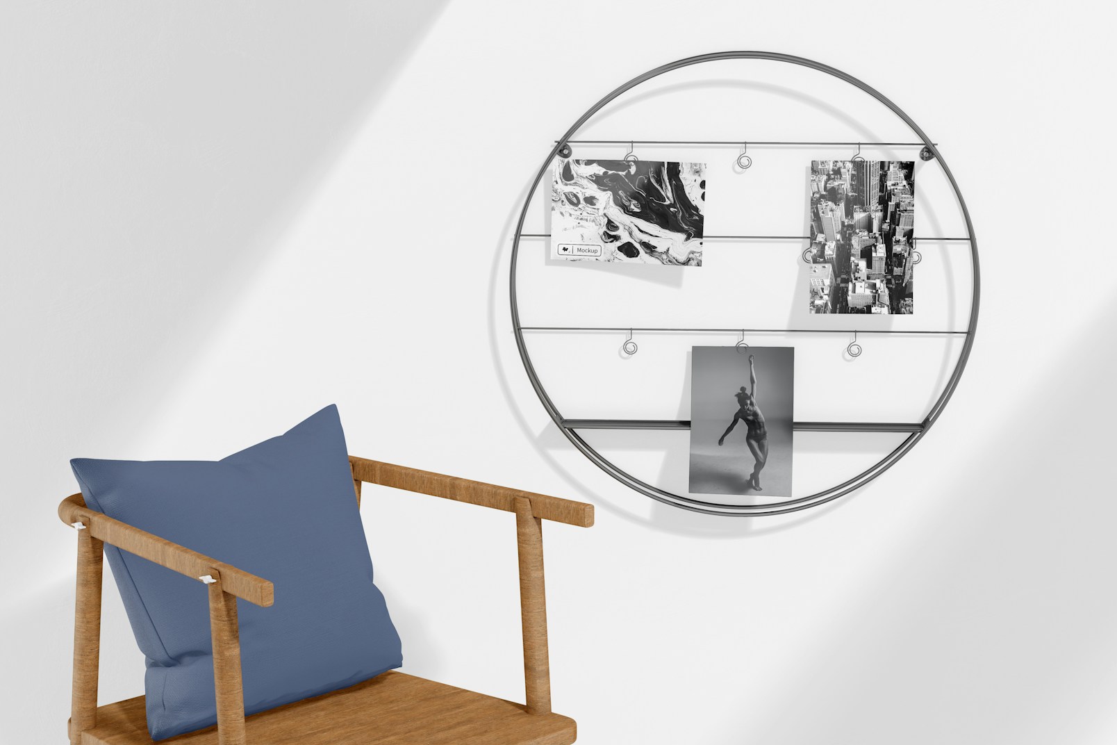 Round Multiple Photos Holder with Shelf Mockup, with Chair