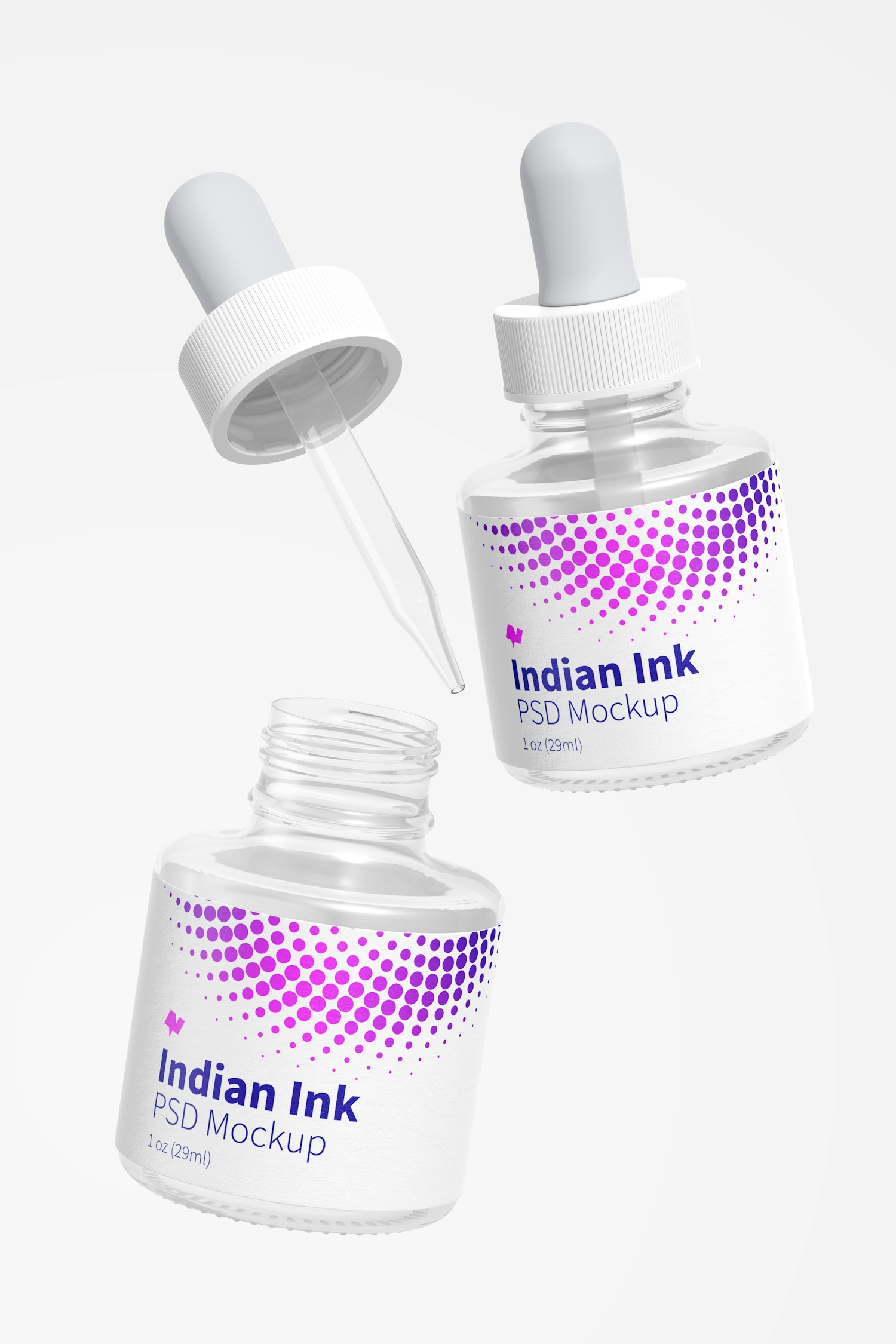 Indian Ink Bottles Mockup, Floating