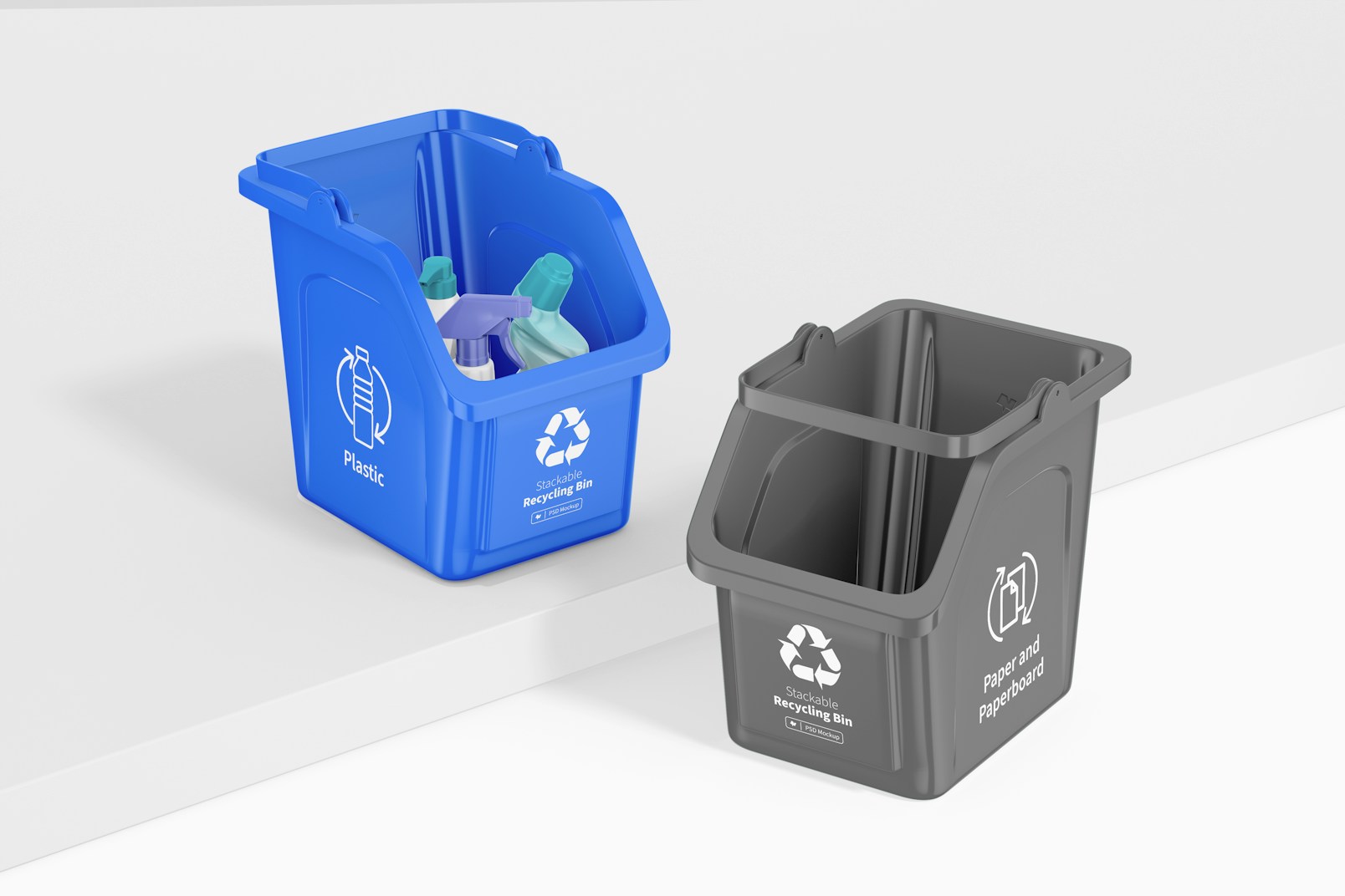Stackable Recycling Bins Mockup, Perspective